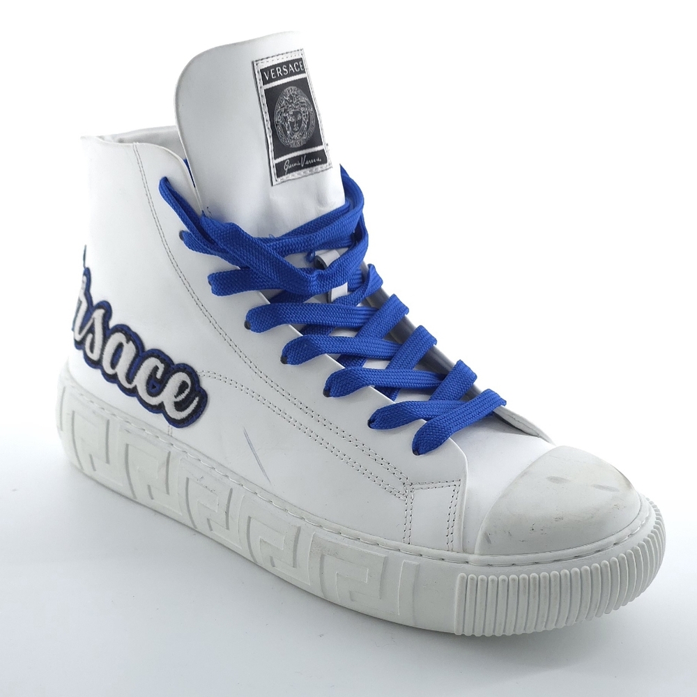 ONE SHOE ONLY Versace Men's Varsity Greca Logo Leather High Top Sneaker White